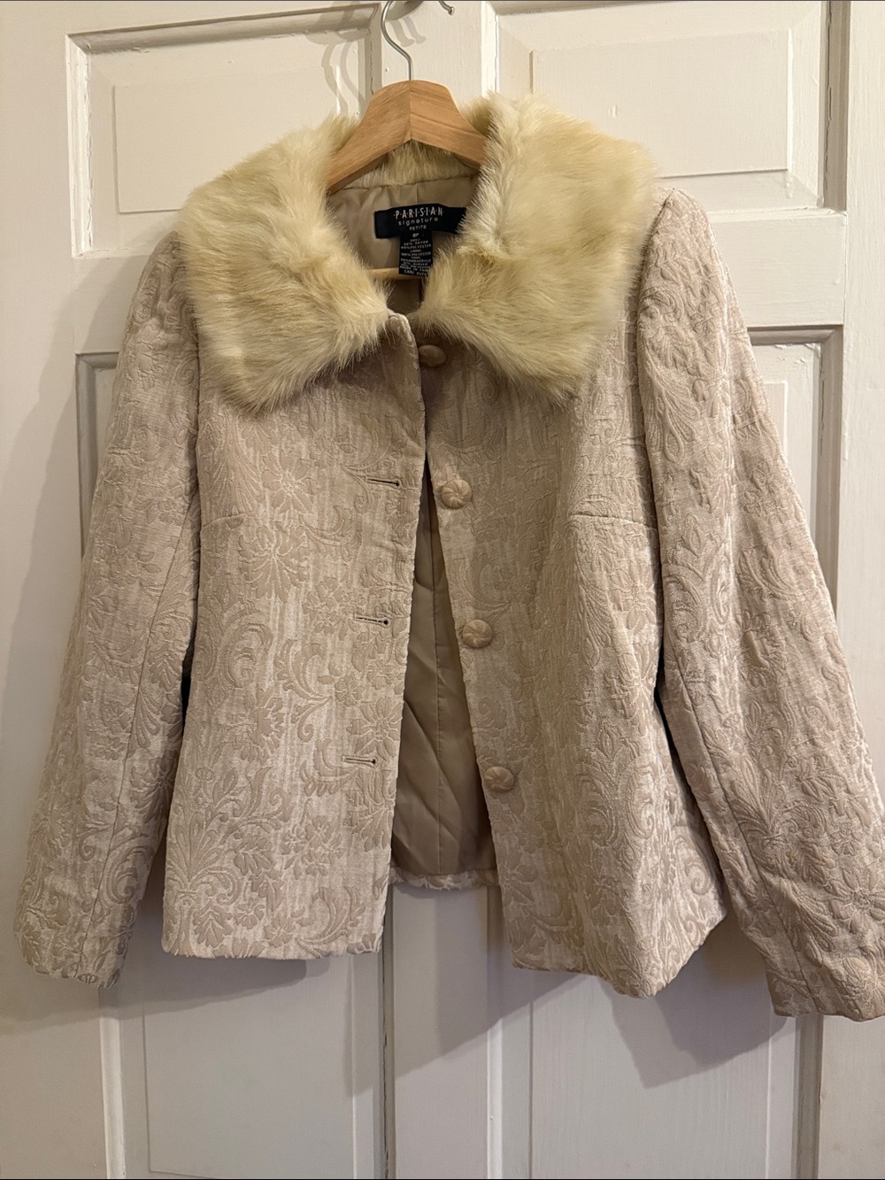 Parisian Works Cream Brocade Jacket with Faux-Fur Collar